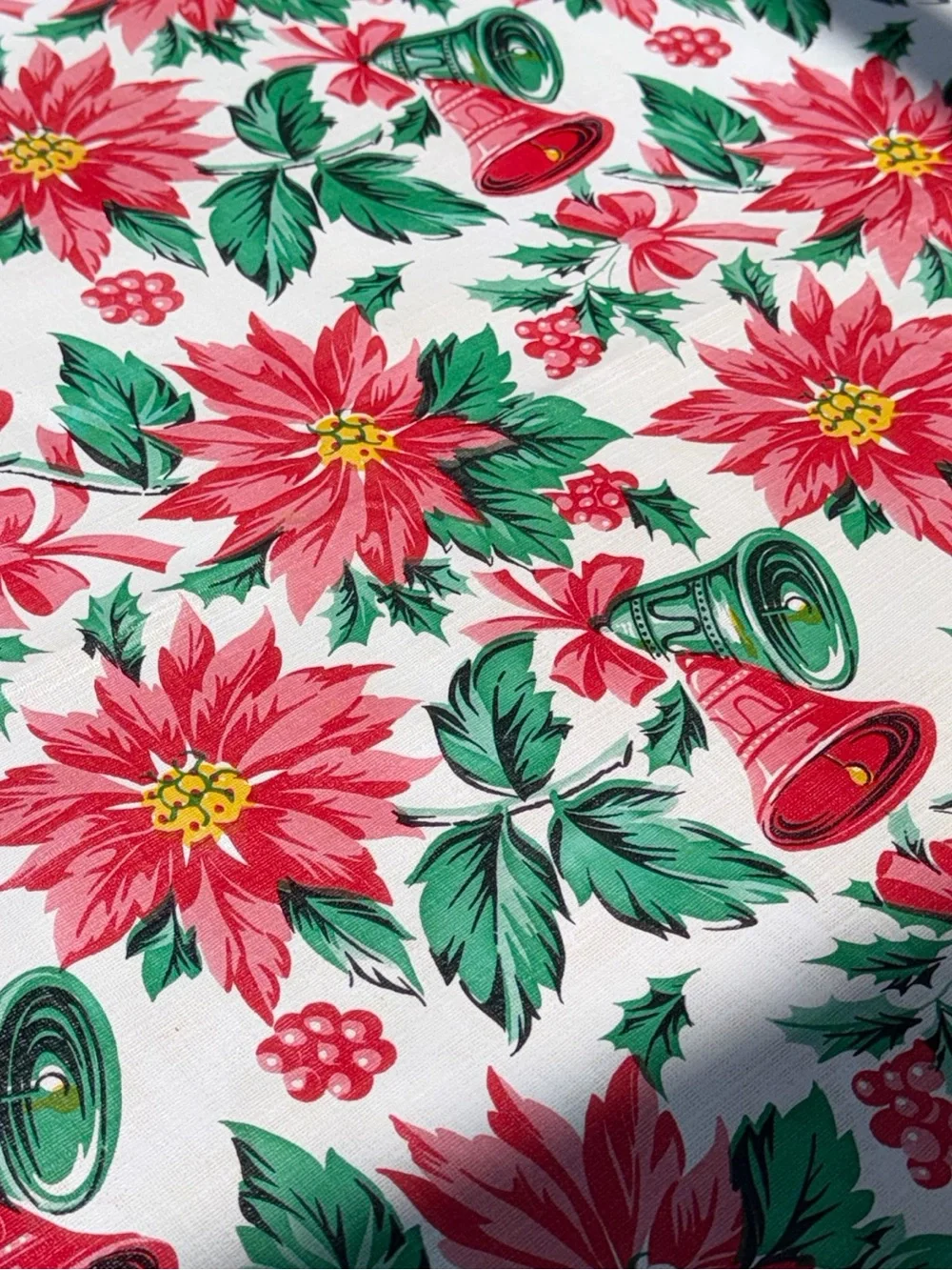 Vintage 1960s vinyl flannel back Christmas tablecloth rectangle 65x51” retro MCM